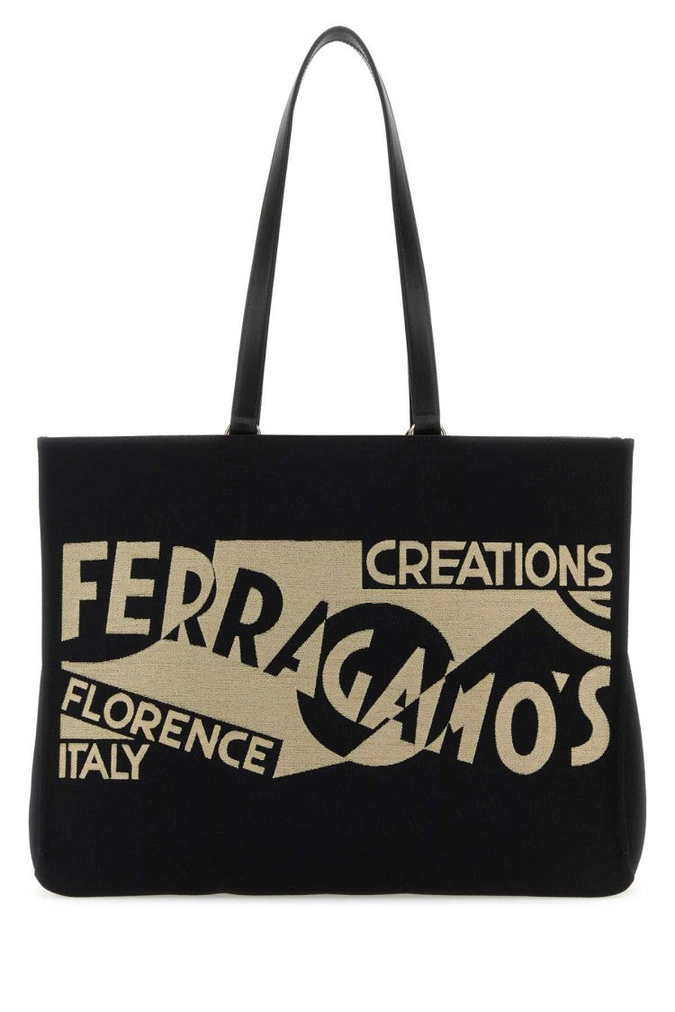 Salvatore Ferragamo Black Canvas Large Tt Sign Shopping Bag