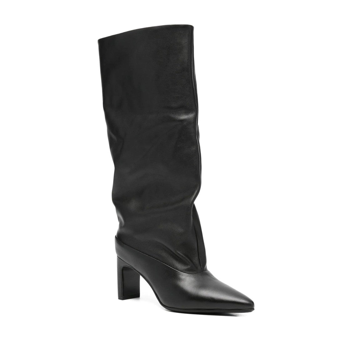 Adrianna Feretti Black Mid-Height Block Heel Pointed Toe Leather Boots