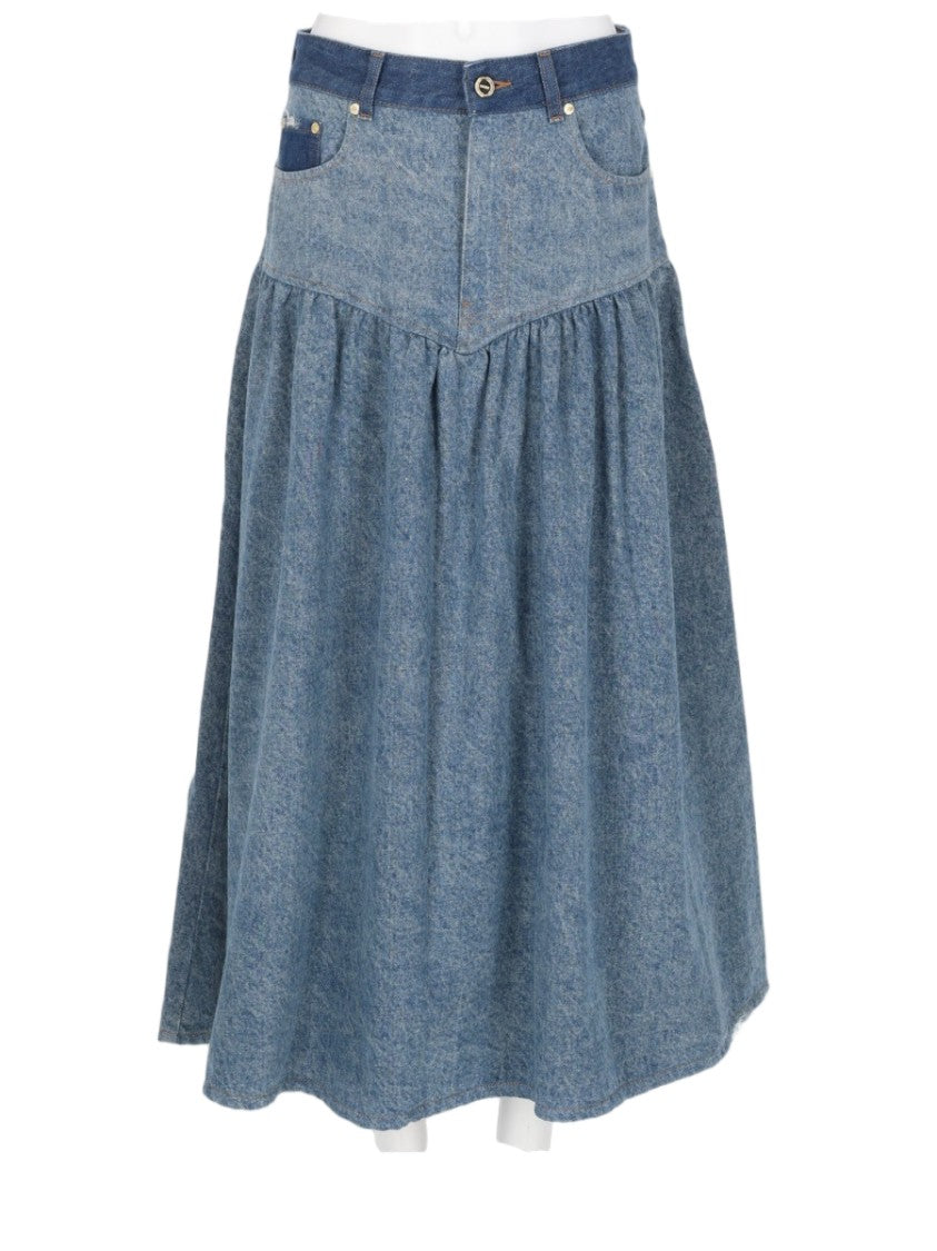 Ganni Patchwork Denim Midi Skirt With Fitted Waistband And Flared Silhouette