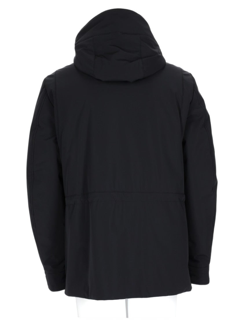 Moorer Hooded Black Coat With Minimalist Design And Adjustable Cuffs