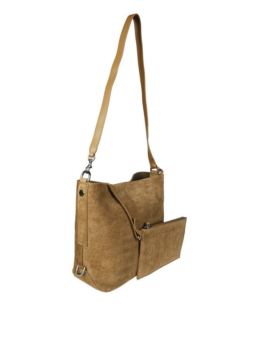 Hogan Textured Crocodile-Embossed Brown Shoulder Bag With Adjustable Strap