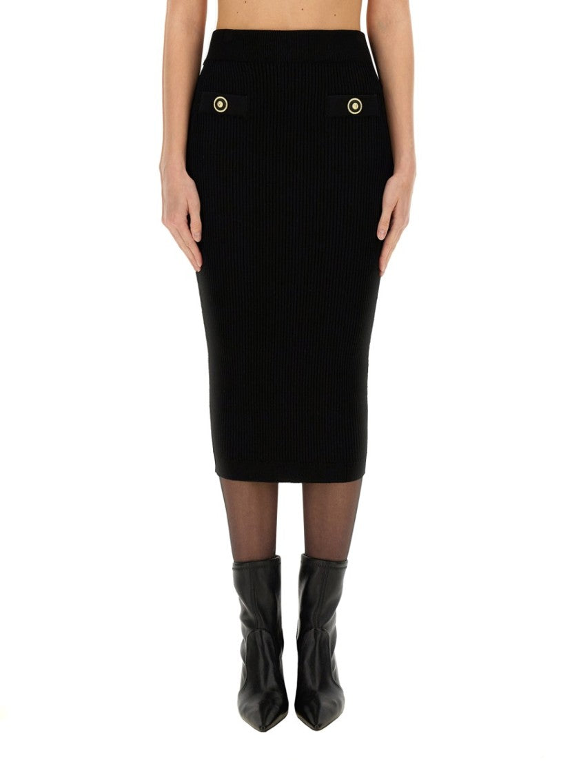 Balmain Ribbed Black Midi Skirt