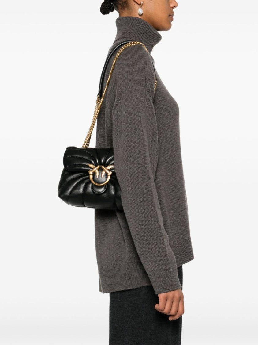 Pinko Quilted Black Shoulder Bag With Gold-Tone Bird Clasp