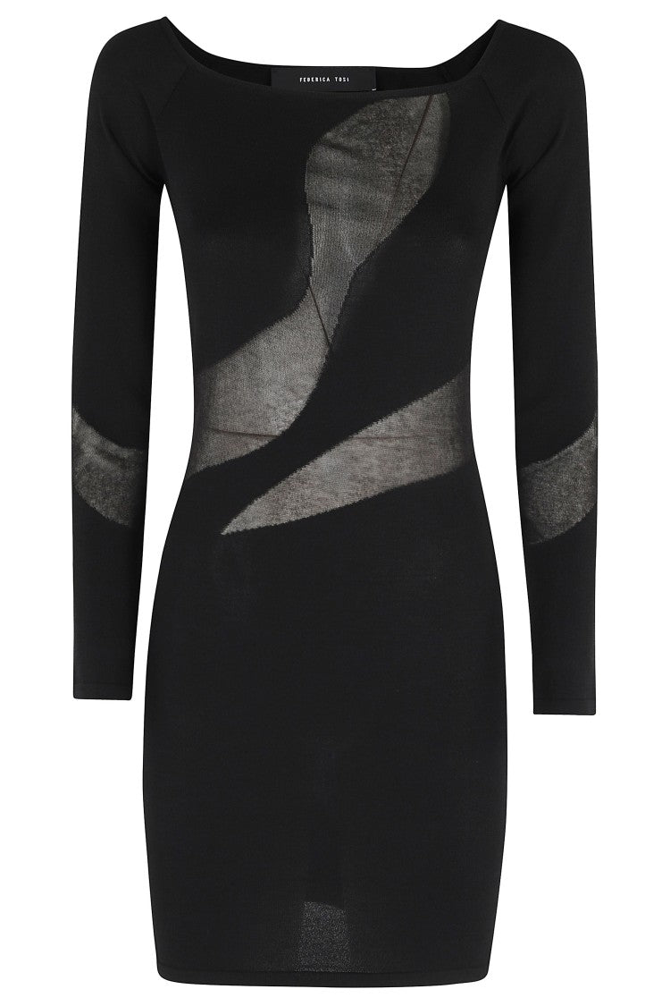 Federica Tosi Black Semi-Sheer Inserts Boat-Neck Viscose Mini Dress