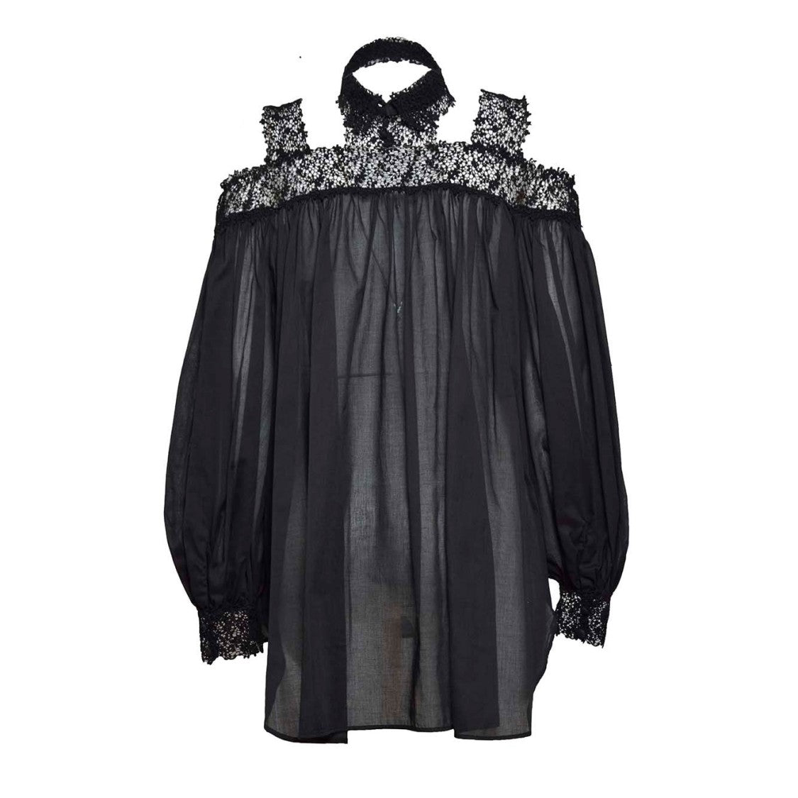 Ermanno Scervino Black Silk Blouse With Floral Lace Inserts