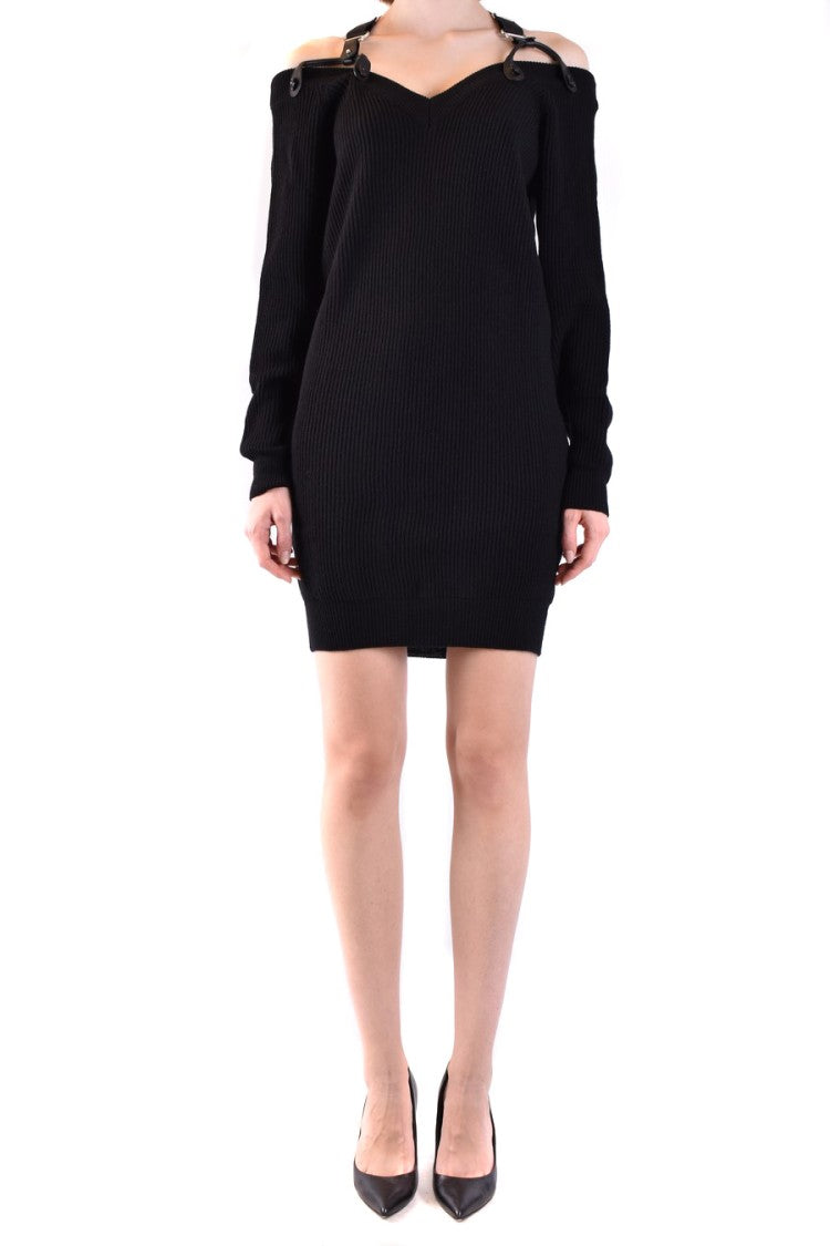 Moschino Fitted Black Wool Mini Dress Off-Shoulder