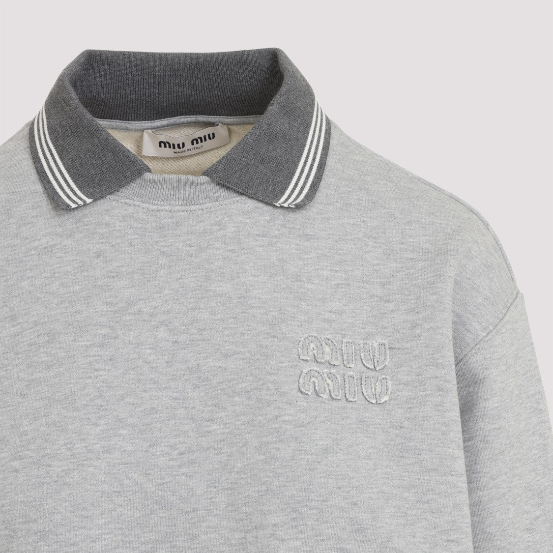 Miu Miu Cropped Heather Grey Sweatshirt With Contrasting Ribbed Details