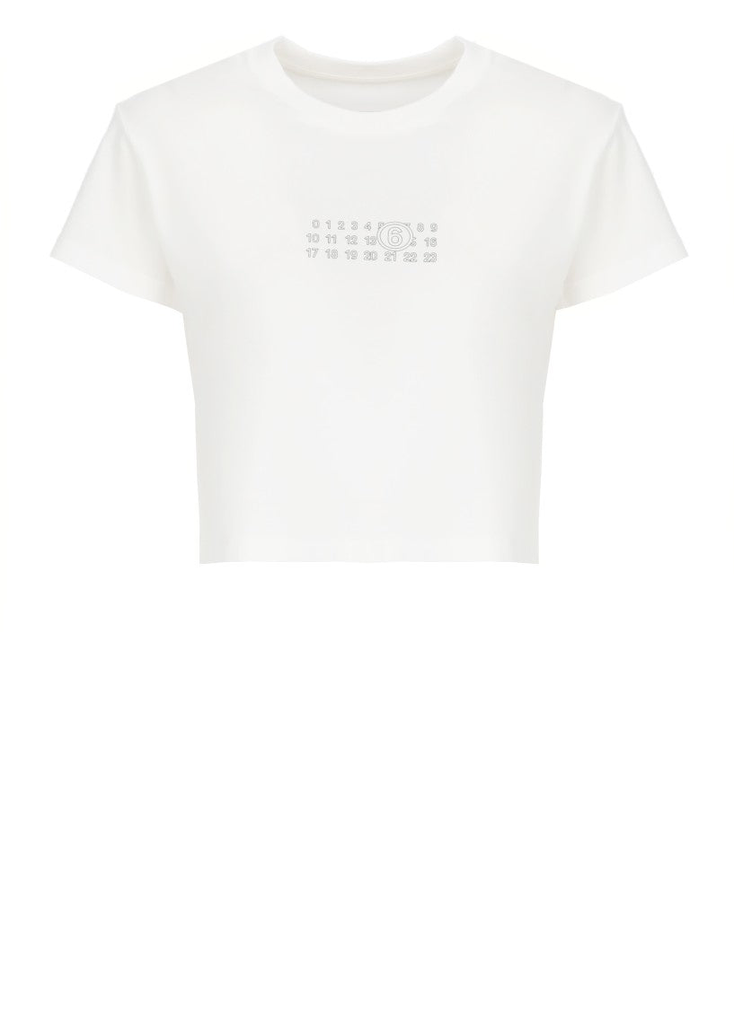 Mm6 By Maison Margiela Cropped White T-Shirt With Contrasting Numeric Logo
