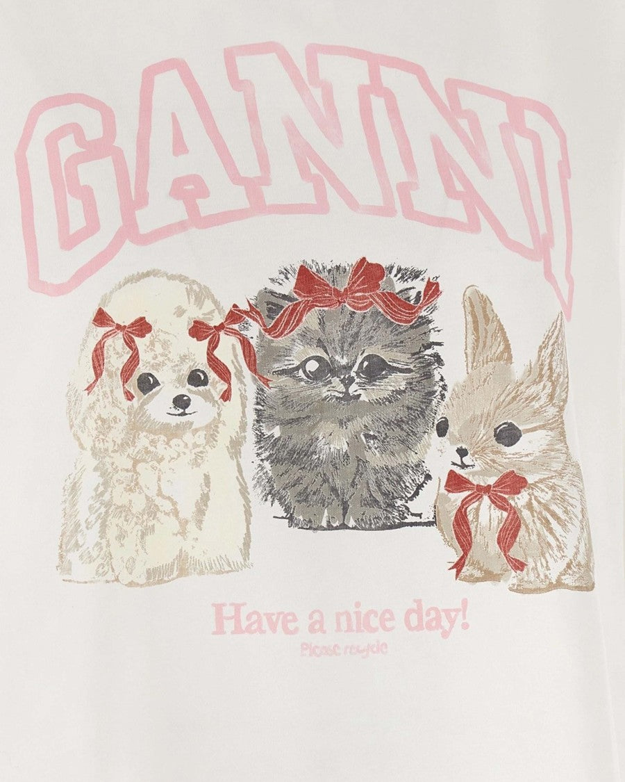 Ganni Animals Print Bright White T-Shirt
