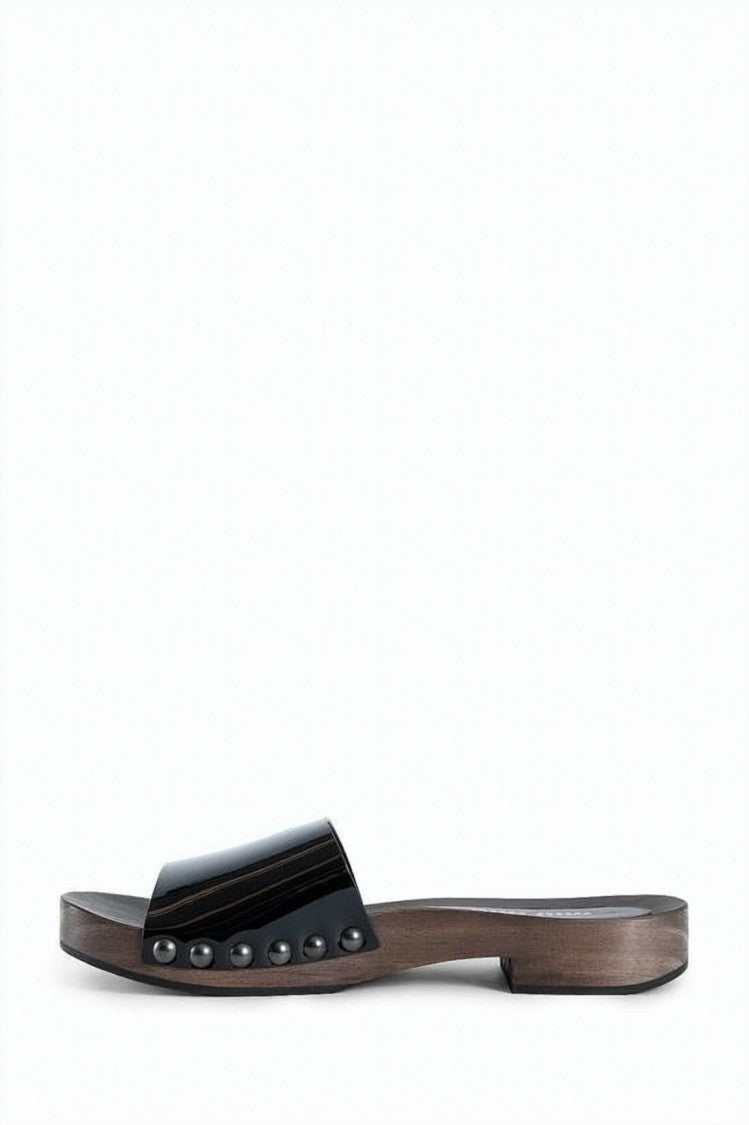 Miu Miu Patent Leather Slide Sandals With Studded Accents