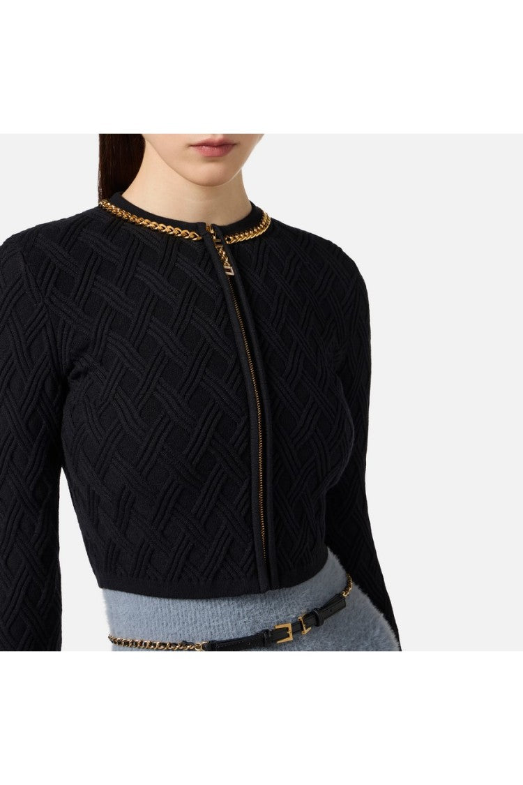 Elisabetta Franchi Black Diamond-Quilted Chain-Trim Viscose-Blend Cardigan