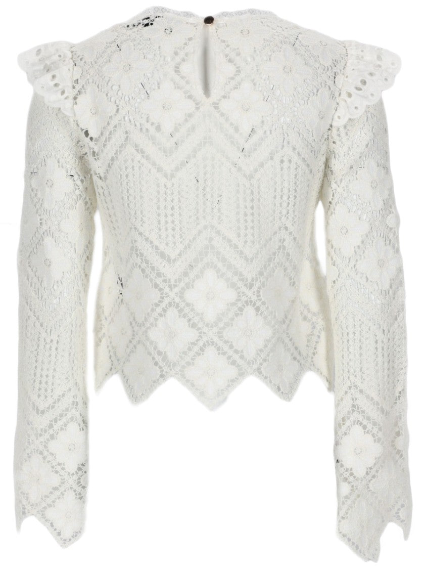 Self-Portrait Cropped Keyhole Button Crochet Top
