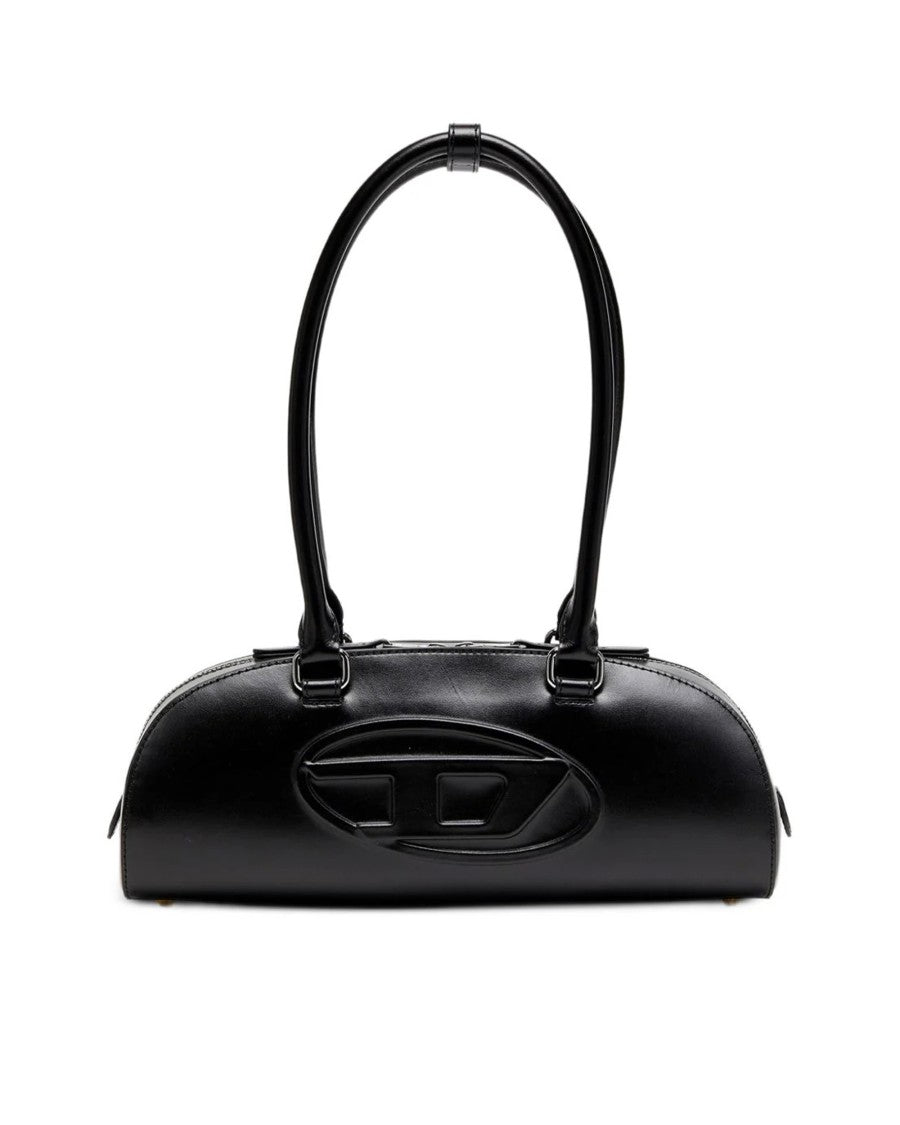 Diesel Elongated Bowling Dome Shoulder Bag In Smooth Black Leather