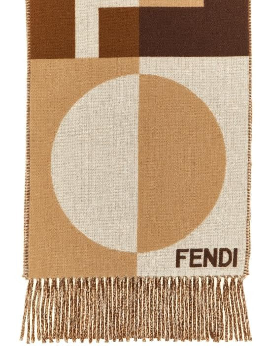 Fendi Geometric Wool And Cashmere Scarf With Fringed Edges