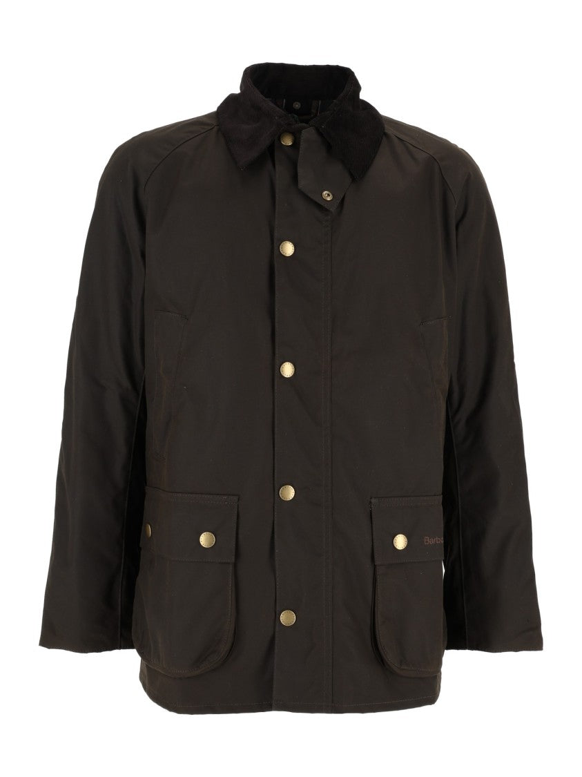 Barbour Brown Waxed Cotton Jacket With Corduroy Collar And Flap Pockets