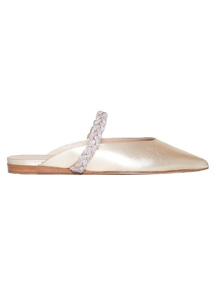 Stuart Weitzman Low Mule In Gold Leather With Rhinestones