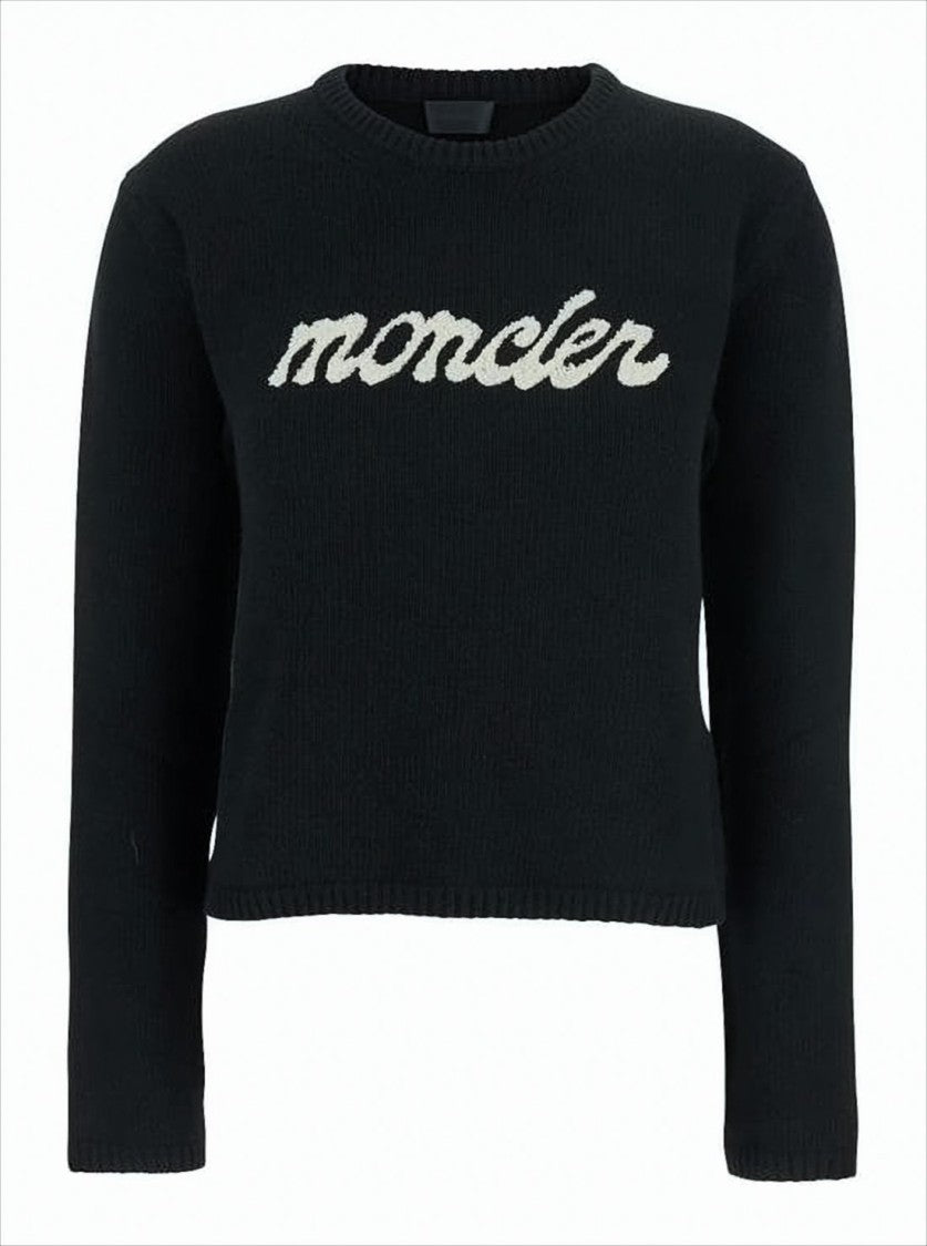 Moncler Cropped Black Knit Sweater With Textured Logo