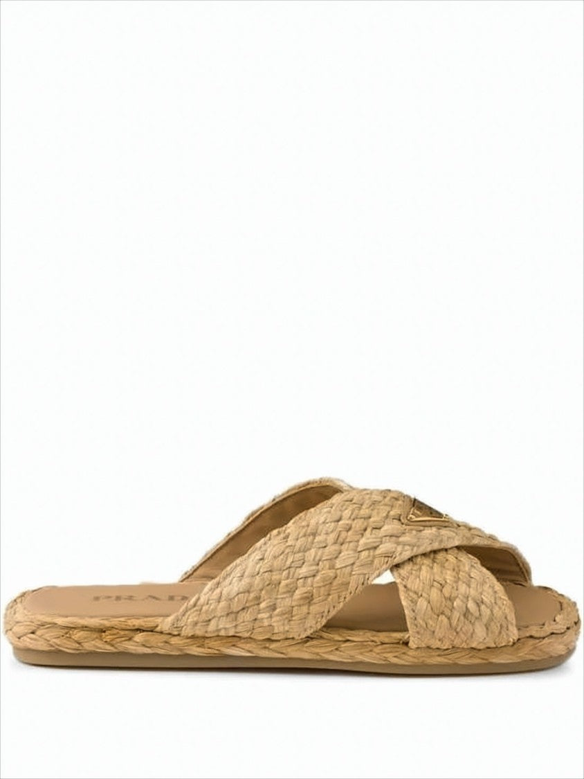 Prada Woven Raffia Slip-On Mules With Triangular Logo Accent