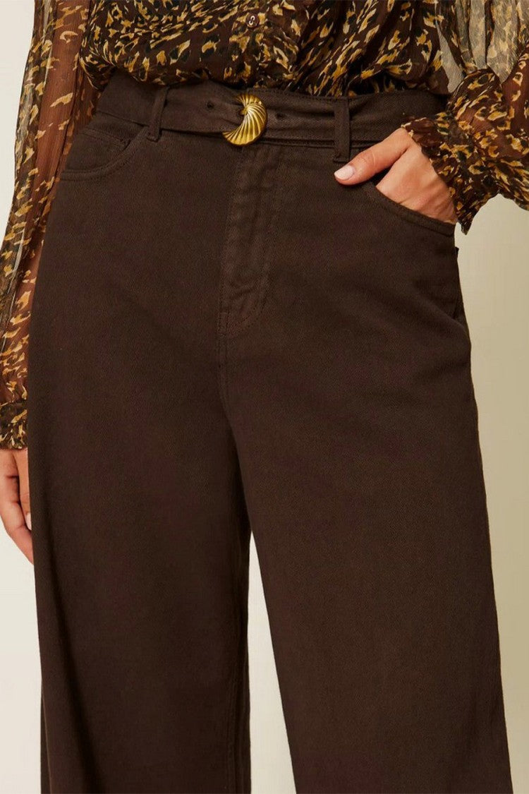 Twin-Set Brown Cotton Buckle-Waist Wide-Leg Trousers