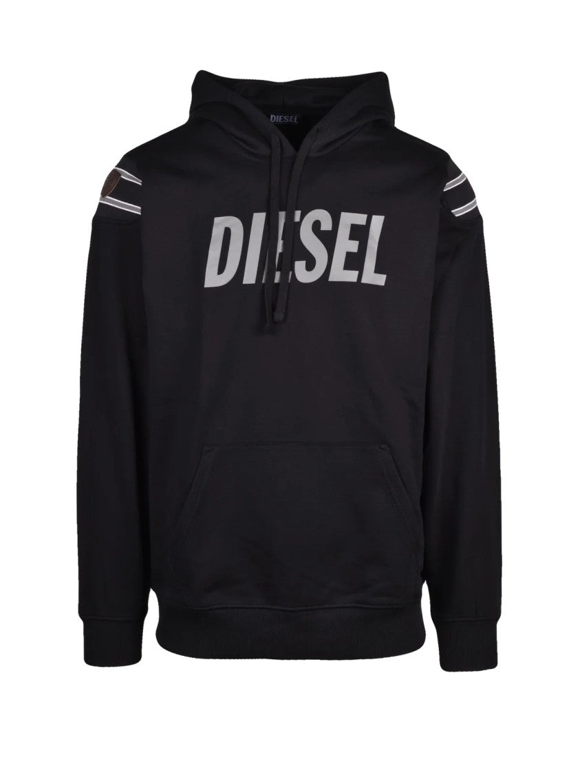 Diesel Black Stretch Hoodie With Bold Logo And Kangaroo Pocket