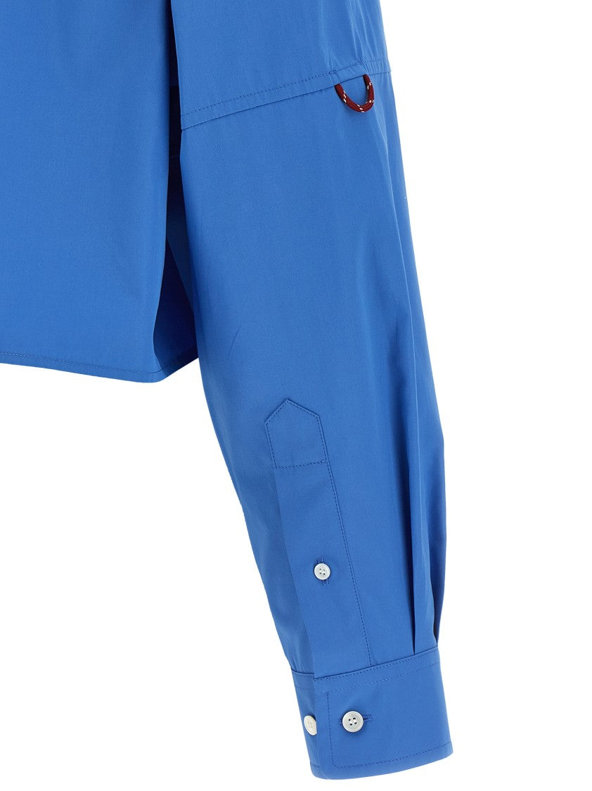 Miu Miu Cropped Cotton Poplin Overshirt With Mesh Insert And Logo Detail