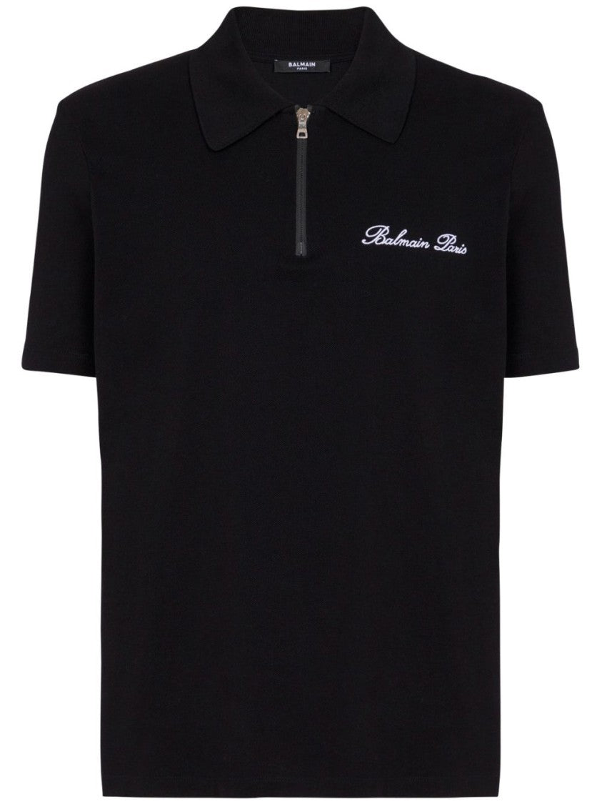 Balmain Black Cotton Piqué Zip Front Polo