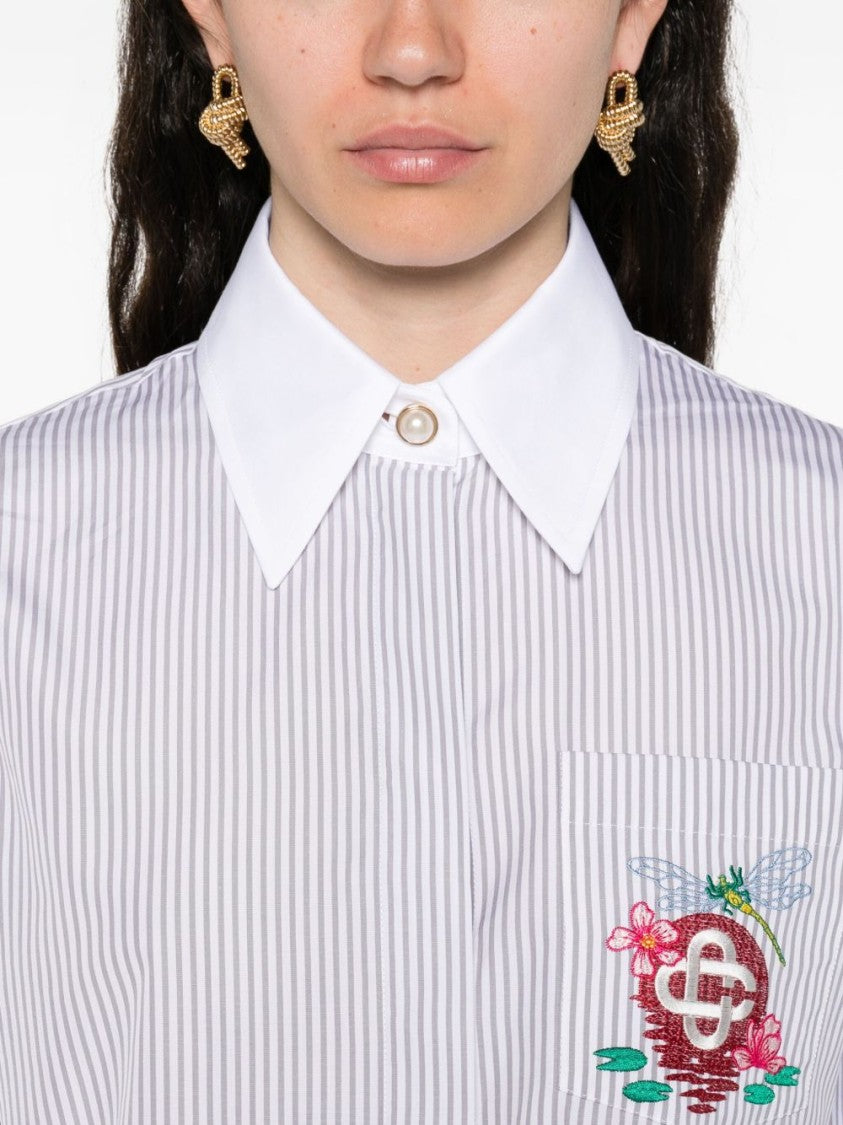 Casablanca Cropped Long-Sleeved Striped Shirt With Floral Embroidery