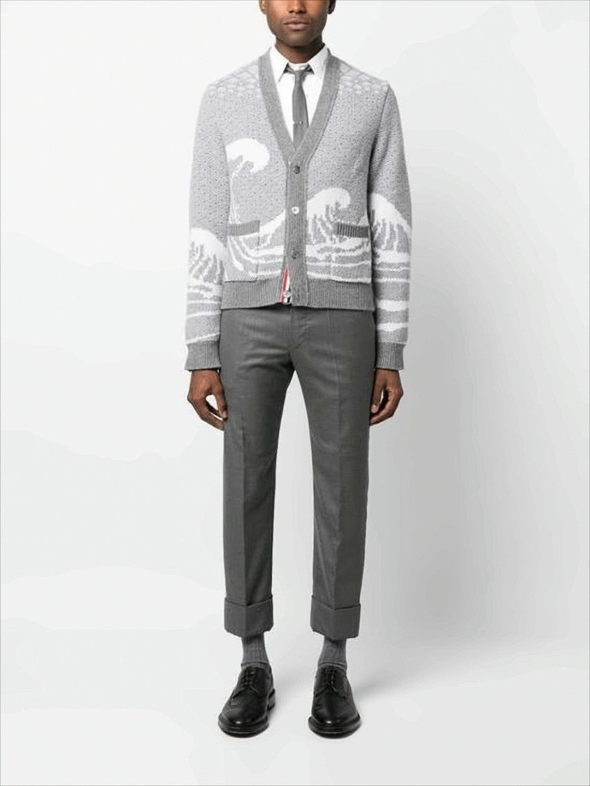 Thom Browne Textured Knit Grey Wool Cardigan With V-Neckline And Tricolor Details