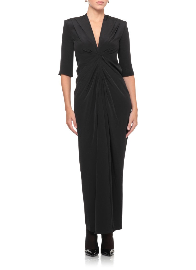 Loulou De Saison Black Padded Shoulders Front Slit Silk Maxi Dress