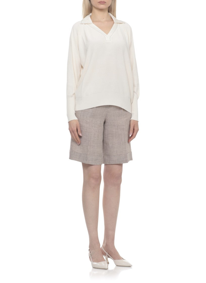 D. Exterior Ivory Embellished Viscose Long-Sleeve Polo Shirt