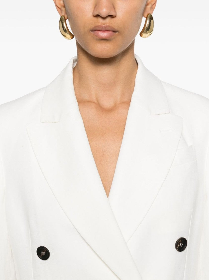 Brunello Cucinelli Tailored Light Beige Double-Breasted Blazer With Buttoned-Cuff Sleeves