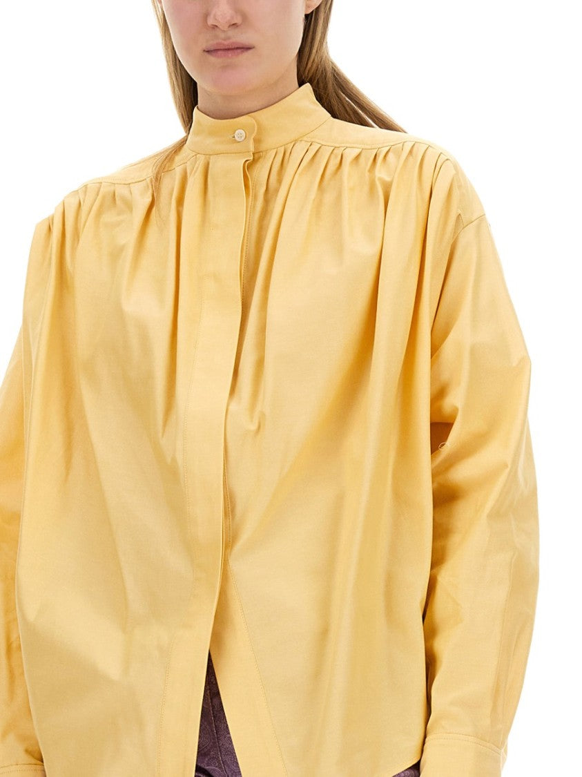 Etro Pleated High Collar Cotton Poplin Blouse