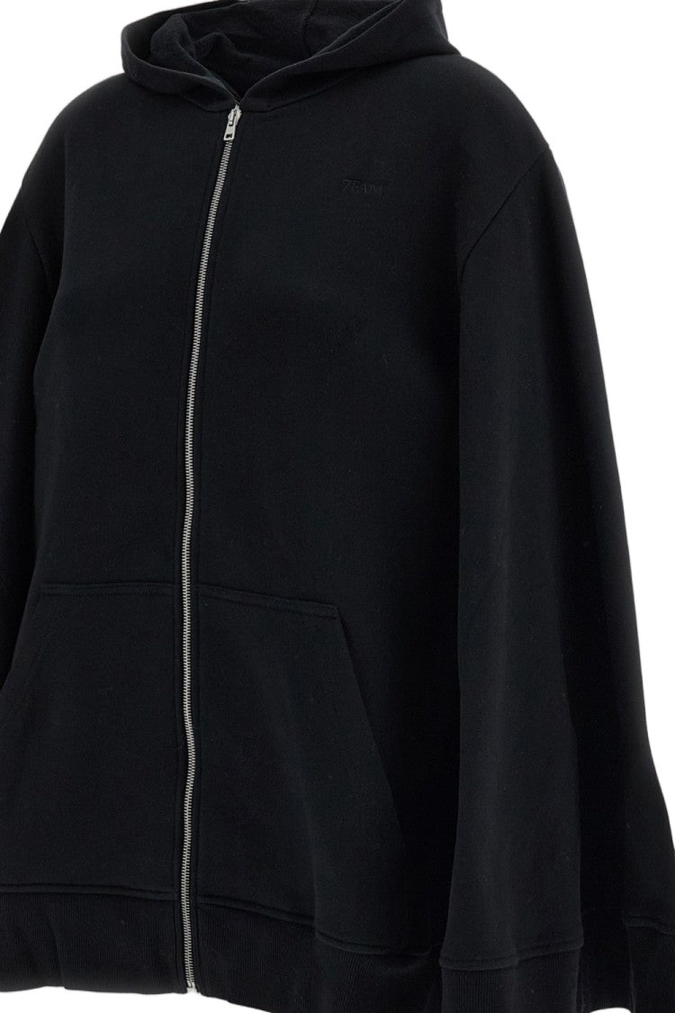 7 For All Mankind Black Brushed Cotton Zip-Up Oversized Hoodie