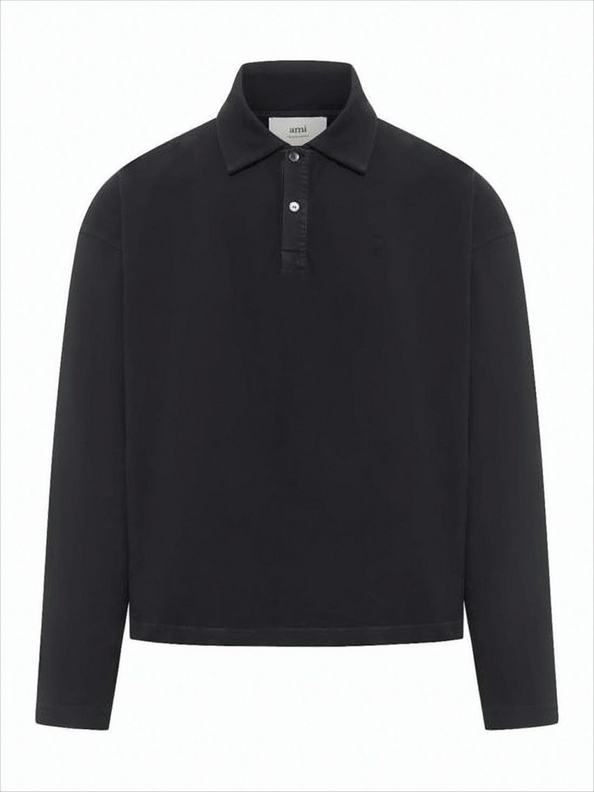 Ami Cropped Long-Sleeved Polo Shirt With Classic Collar And Tonal Embroidery