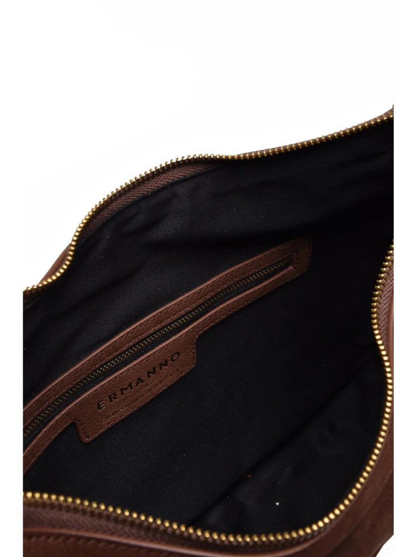 Ermanno Firenze Crescent-Shaped Brown Suede Shoulder Bag With Gold Hardware