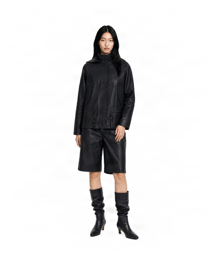 P.A.R.O.S.H. Dark Brown High-Waisted Lambskin Leather Shorts