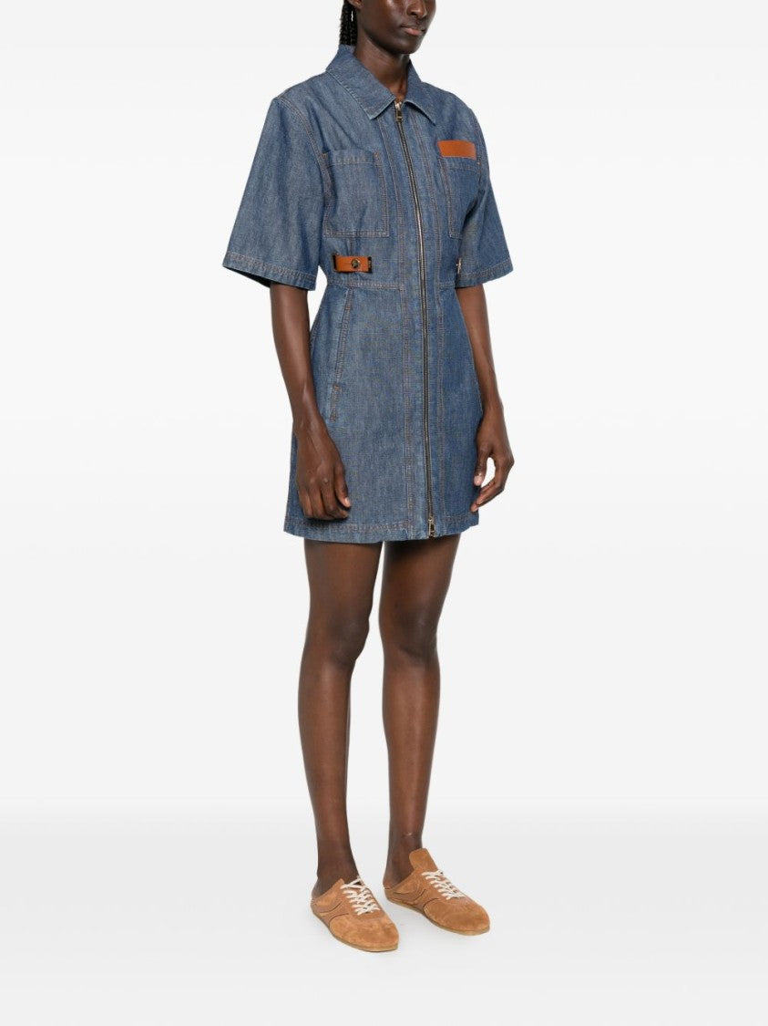 Fendi Structured Denim Contrast Leather Mini Dress
