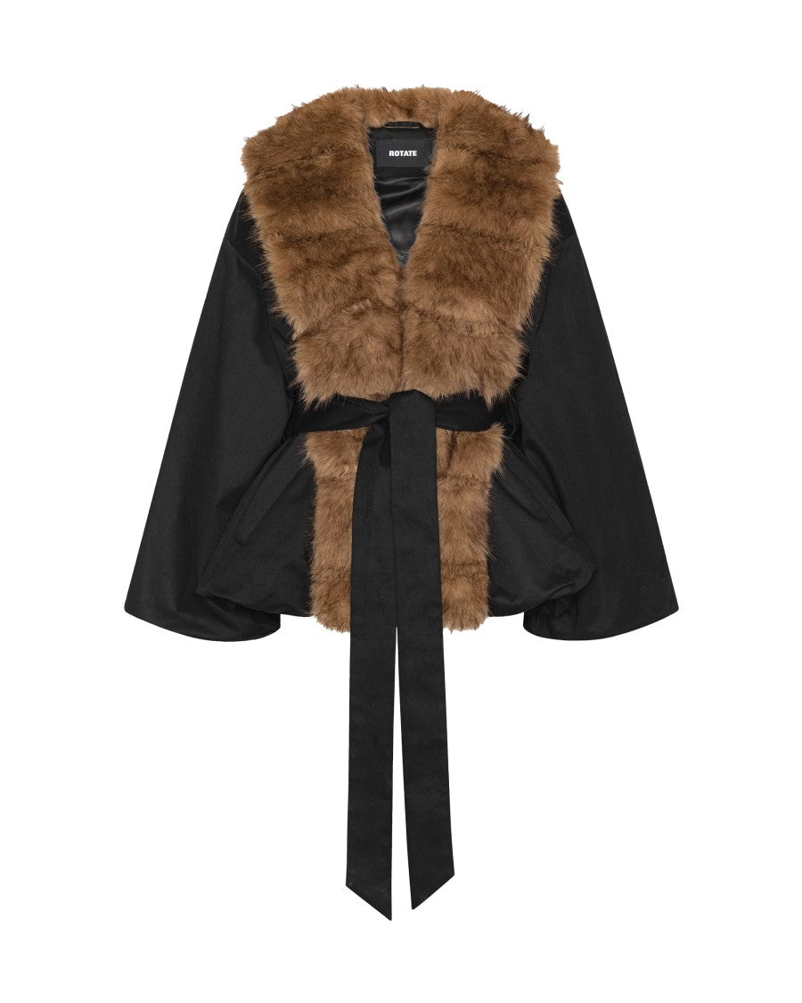 Rotate Contrast Textured Jacket With Bold Synthetic Fur Collar