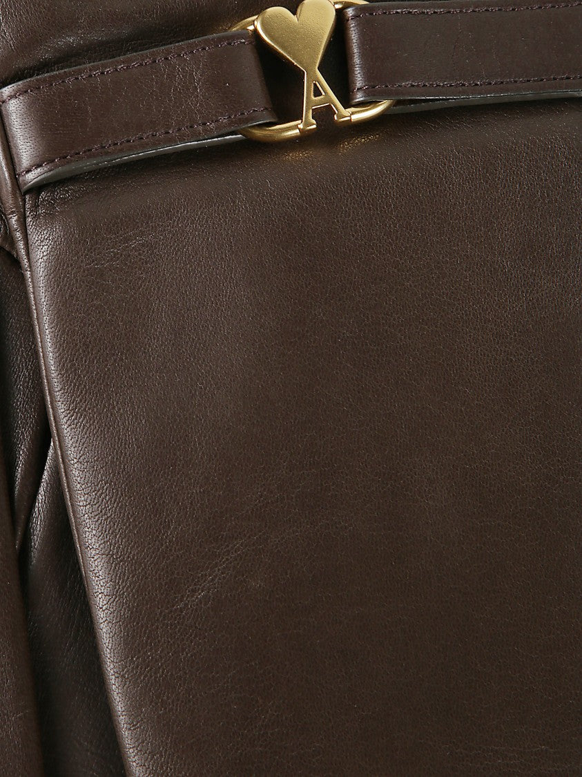 Ami Paris Brown Leather Gloves With Gold Logo Plaque