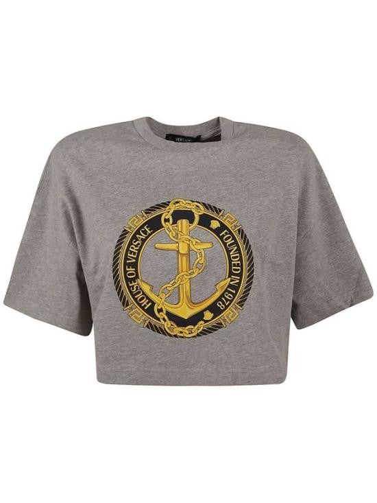 Versace Cropped Grey T-Shirt With Central Anchor Emblem In Gold And Black