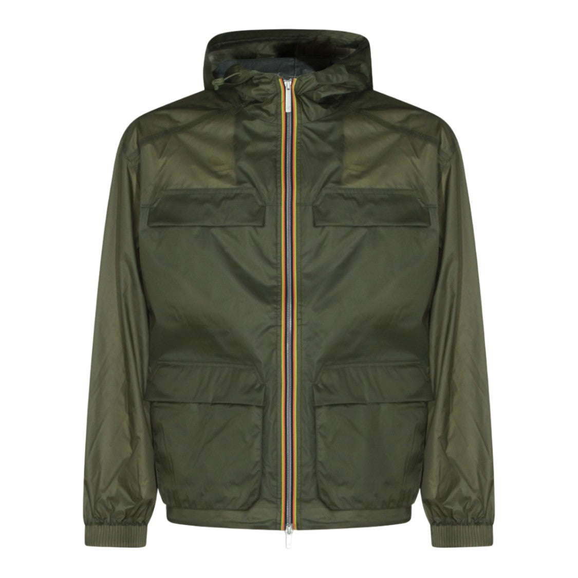 K-Way Translucent Olive Green Jacket With Multicolor Trim And Functional Pockets