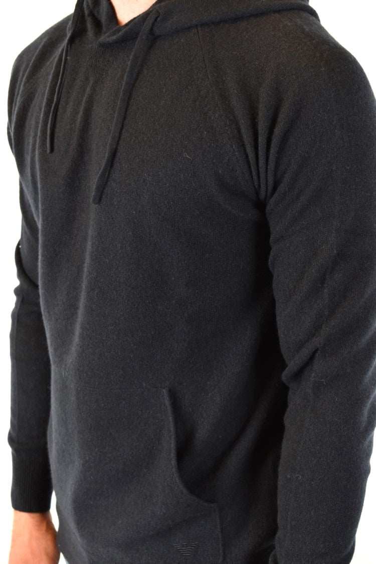 Emporio Armani Hooded Black Knitwear With Drawstrings