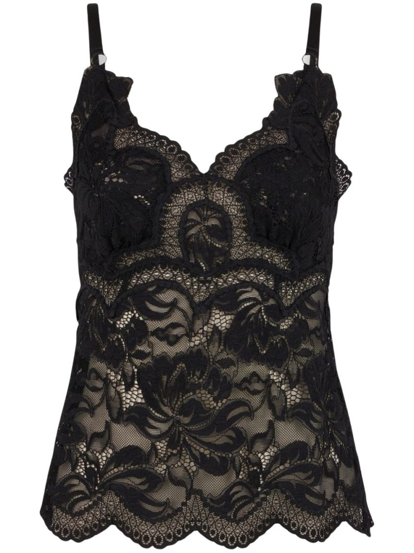 Rabanne Intricate Lace-Detail Black Top With V-Neckline