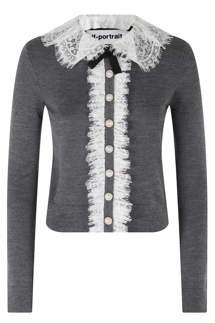 Self-Portrait Grey Merino Wool Lace Collar Jeweled Cardigan