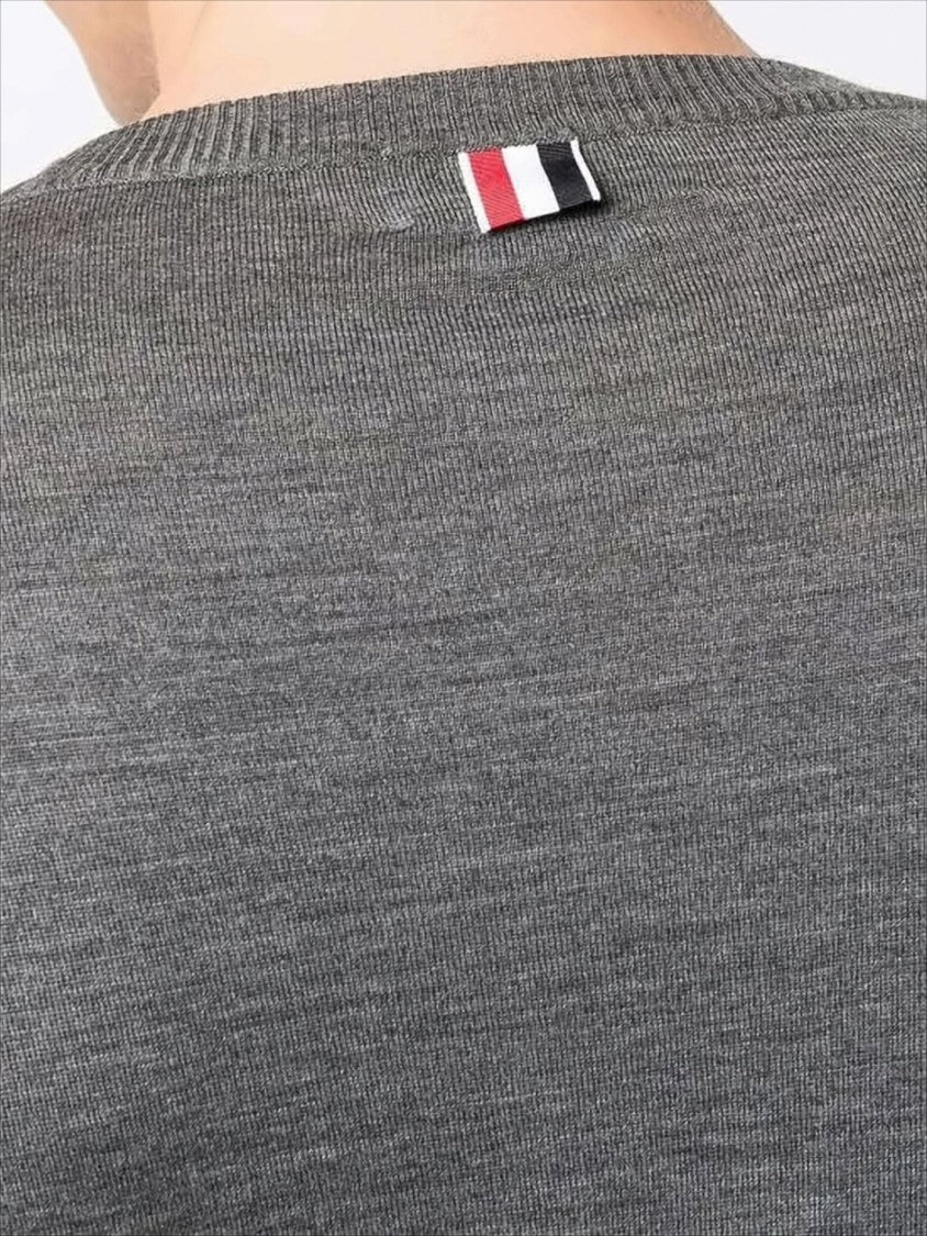 Thom Browne Fine-Knit Grey Merino Wool Sweater With Striped Accent