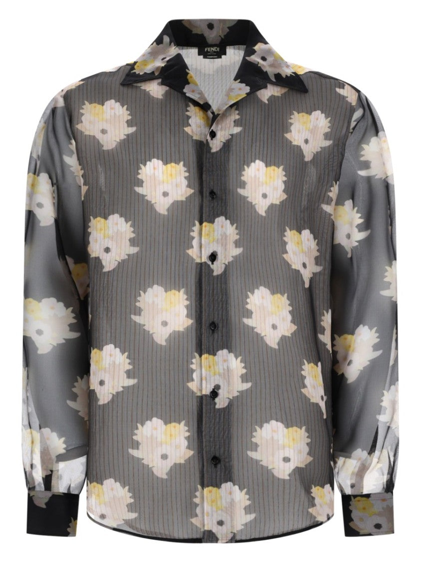 Fendi Sheer Floral Motif Oversized Silk-Cotton Shirt