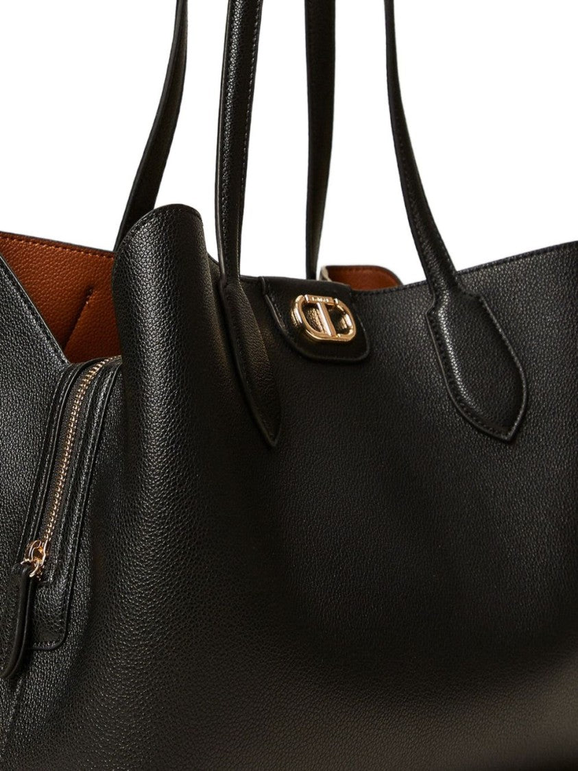 Twin-Set Structured Black Tote Bag With Textured Exterior And Interior