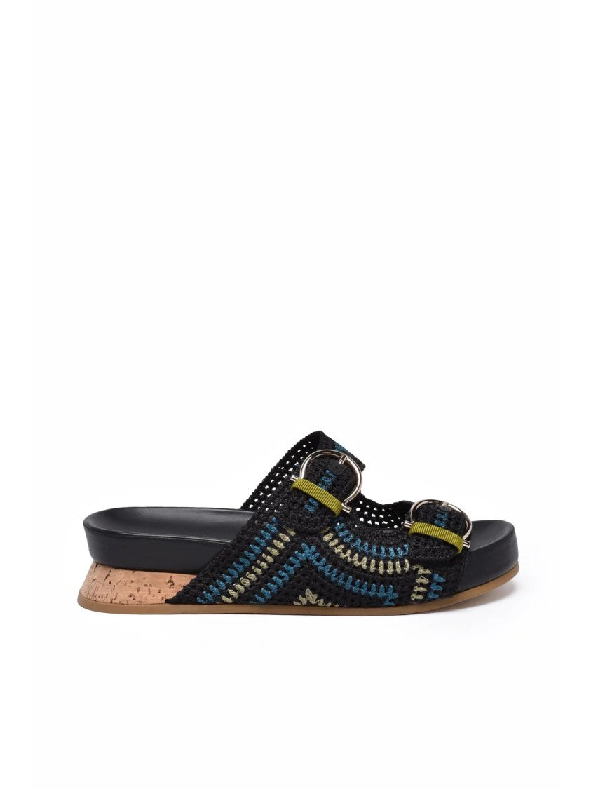 Salvatore Ferragamo Shaula Raffia Wedge Mules - Black
