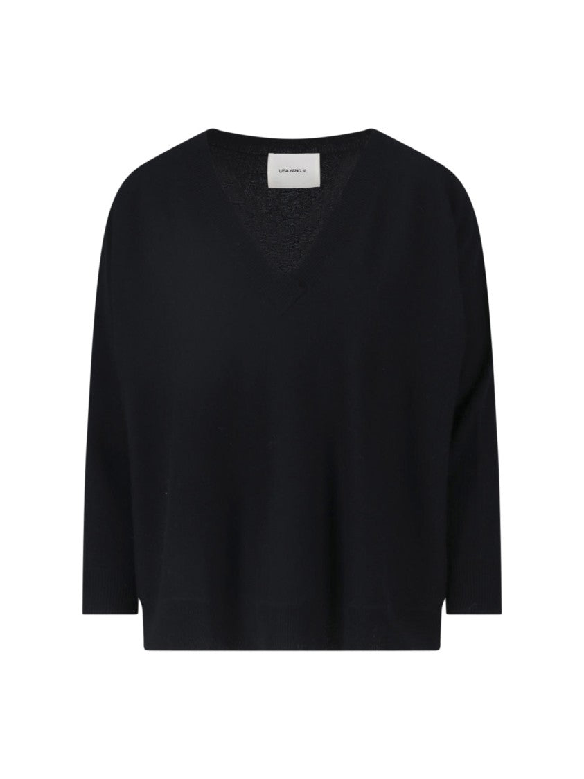 Lisa Yang Deep V-Neck Boxy Ribbed Knit Sweater