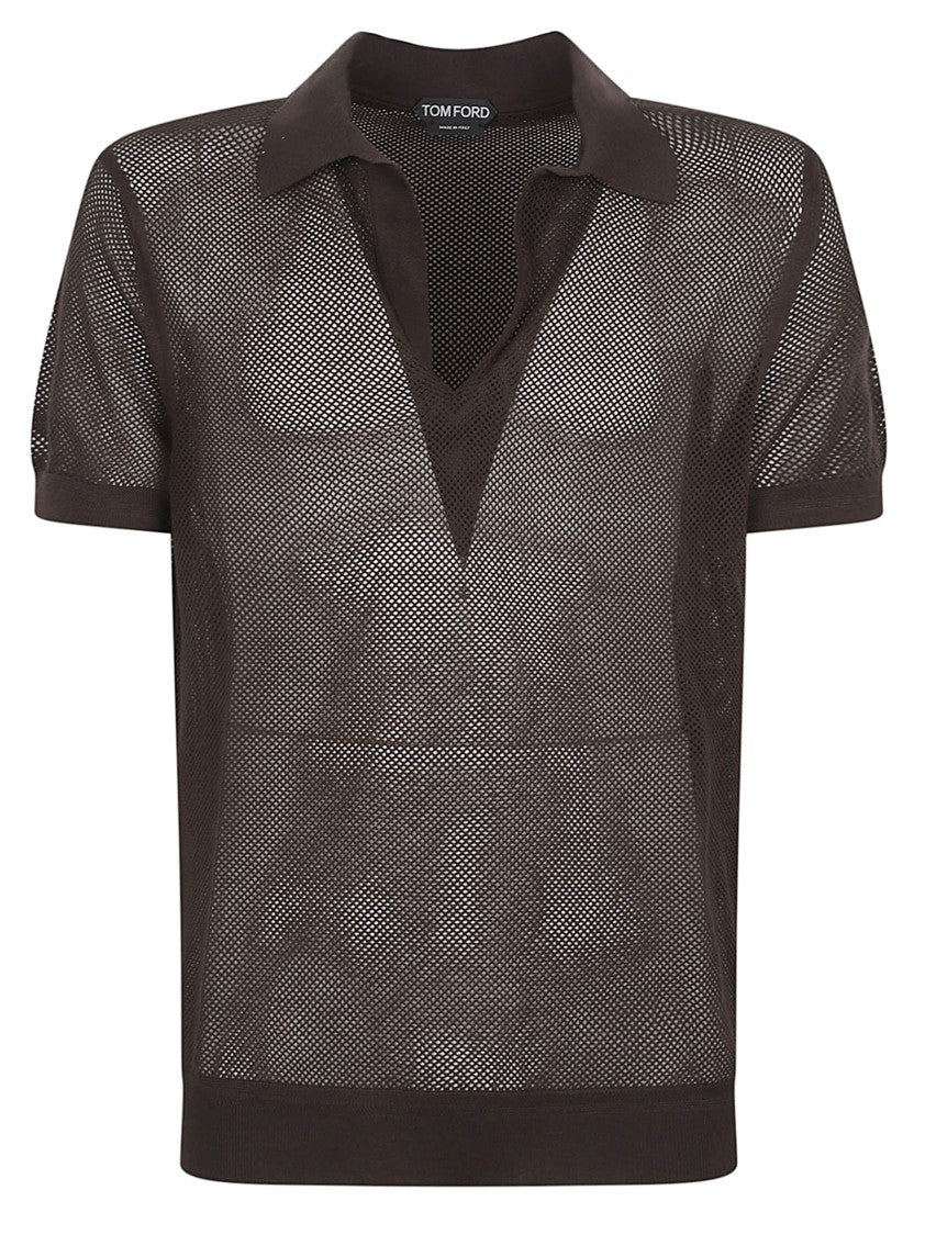 Tom Ford Semi-Transparent Brown Mesh Knit Polo Shirt